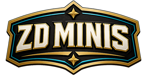 Logo of ZD Minis with decorative elements on a white background
